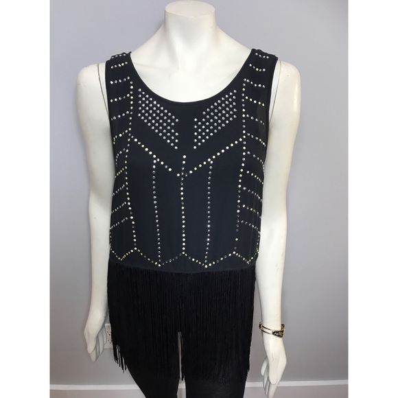 SOLD H&M Sleeveless Black Fringe Bedazzled Top - Picture 3 of 8